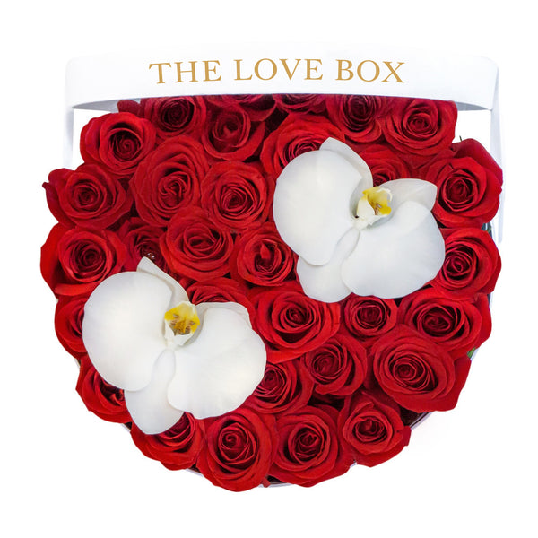 Roses with Orchid Flowers in Large Box