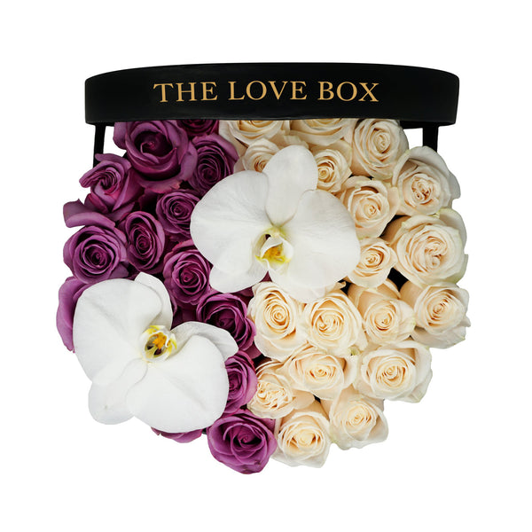 Violet & White Roses with Orchid Flowers in Large Box