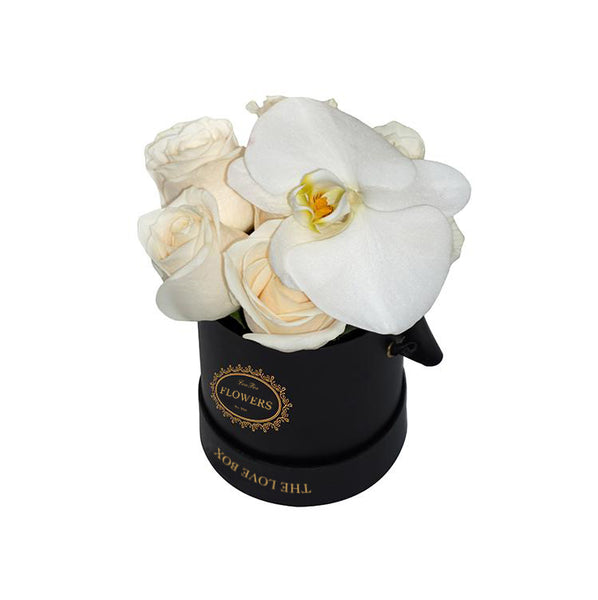 White Roses with Orchid Flower in Mini Black Box