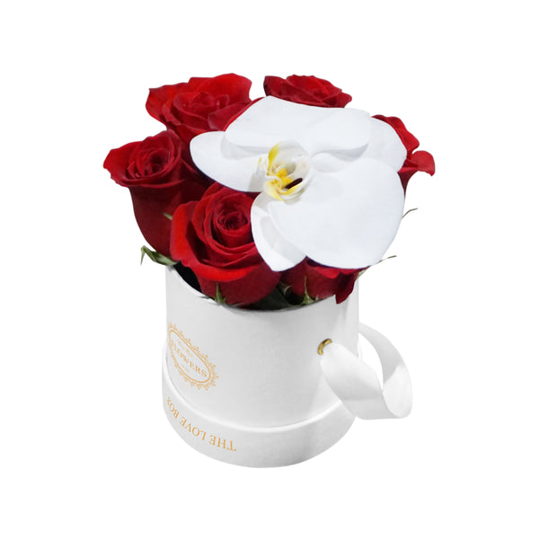 Red Roses with Orchid Flower in Mini Box