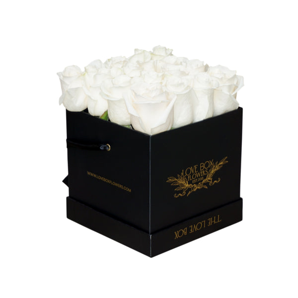 White Roses in Medium Black Square Box