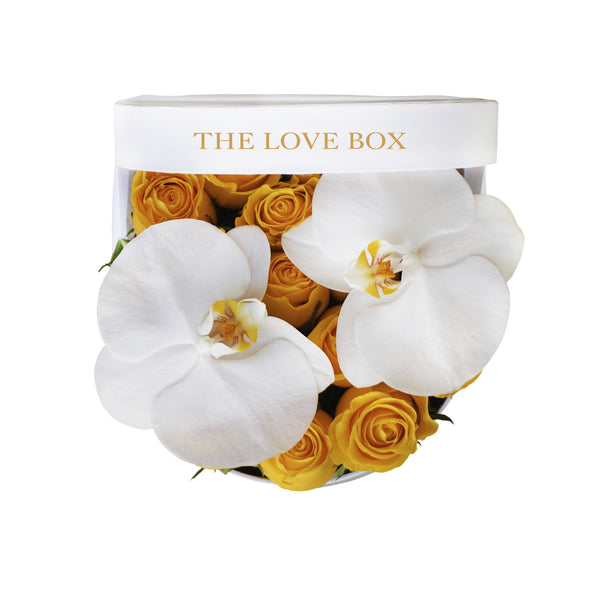 Yellow Roses with Orchid Flowers in Medium Box