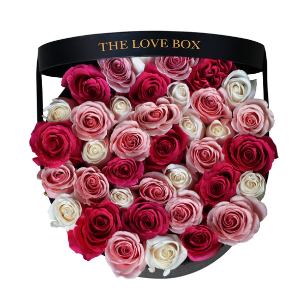 Pink, White and Hot Pink Roses in Large Box