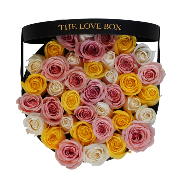 Baby Pink, Yellow & White Roses in Large Box
