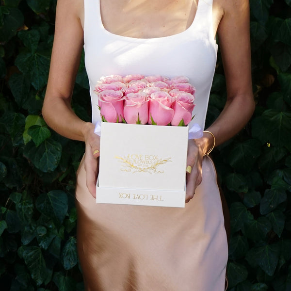 Baby Pink Roses in Medium White Square Box