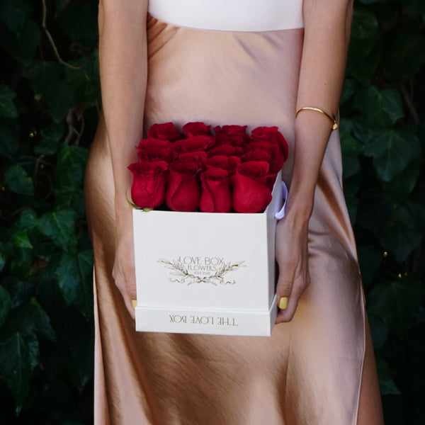 Classic Red Roses in Medium White Square Box