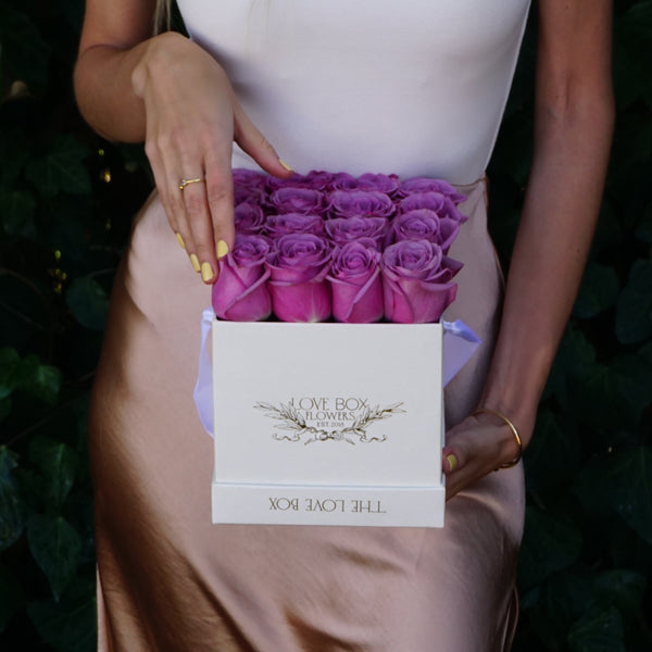 Violet Roses in Medium White Square Box
