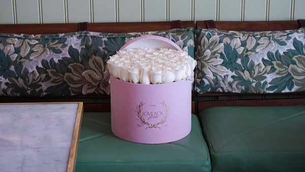 White Roses in Large Pink Suede Box