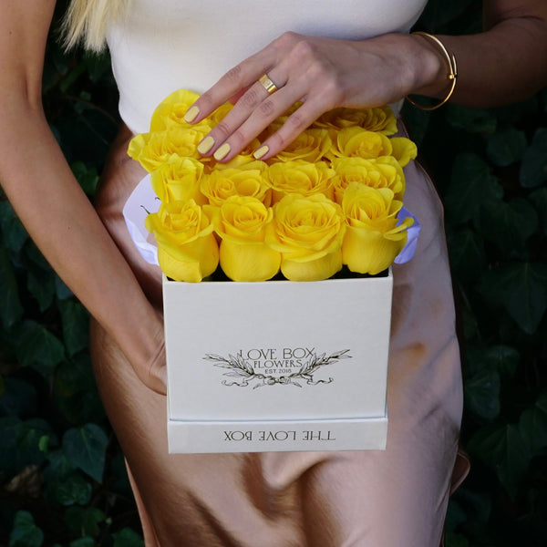 Yellow Roses in Medium White Square Box