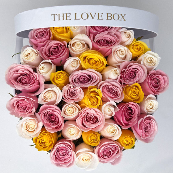 Baby Pink, Yellow & White Roses in Large Box