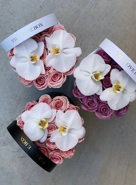 Yellow Roses with Orchid Flowers in Medium Box