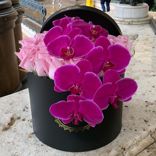 Baby Pink Roses with Orchid Branch in Large Black Box - The Love Box Flowers
