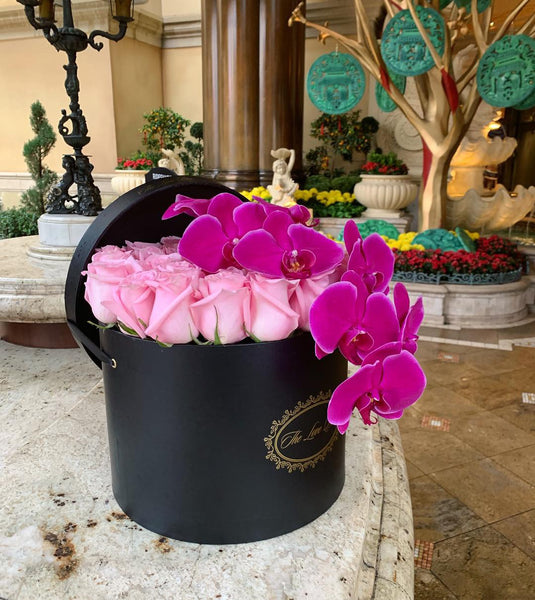 Baby Pink Roses with Orchid Branch in Large Black Box - The Love Box Flowers