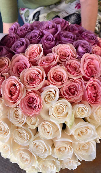 White, Pink and Violet Red Roses in Large Box