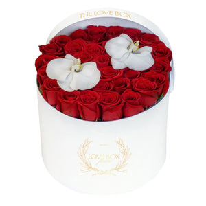 Roses with Orchid Flowers in Large Box