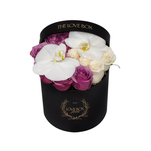 White & Violet Roses With Orchid Flowers in Medium Box