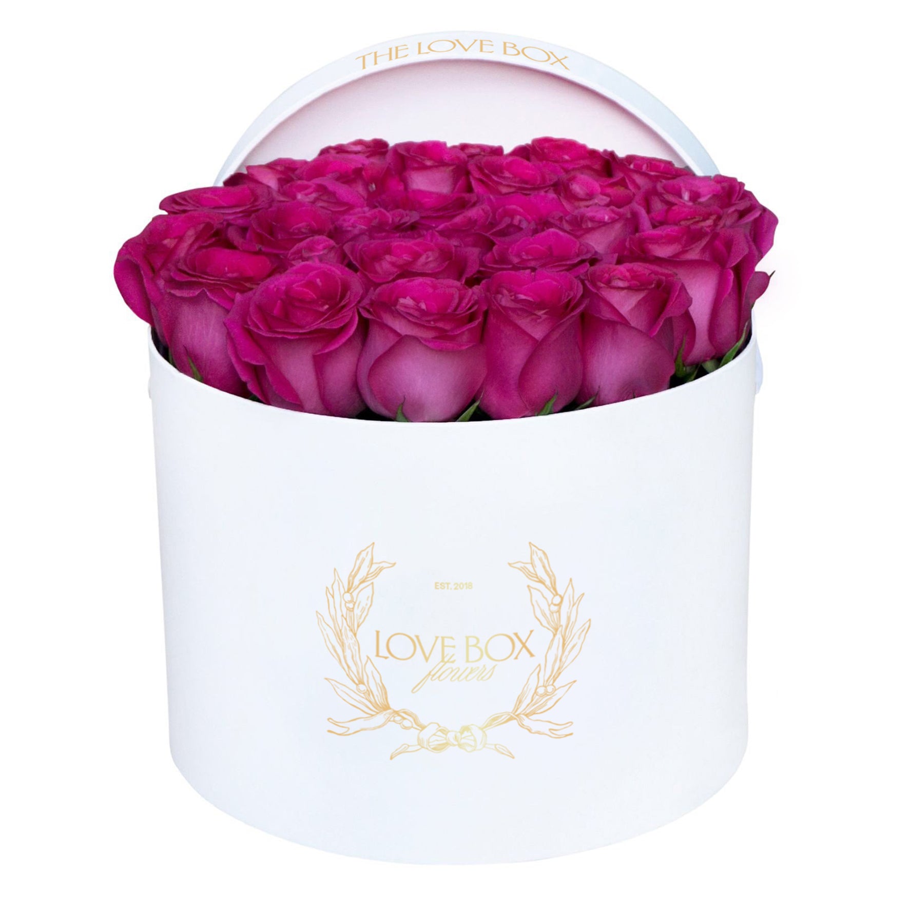 Hot Pink Roses in Large White Box