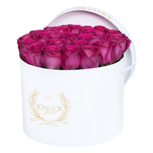 Hot Pink Roses in Large White Box