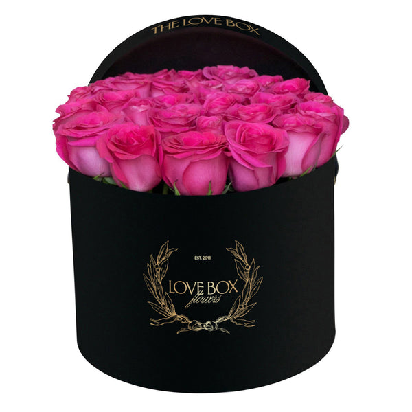 Hot Pink Roses in Large Black Box