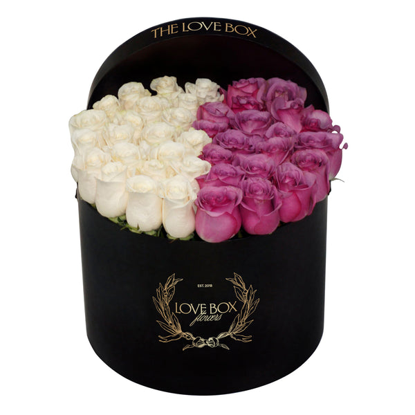 White & Violet Roses in Large Black Box