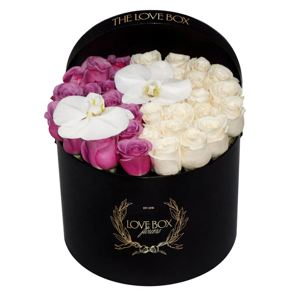 Violet & White Roses with Orchid Flowers in Large Box