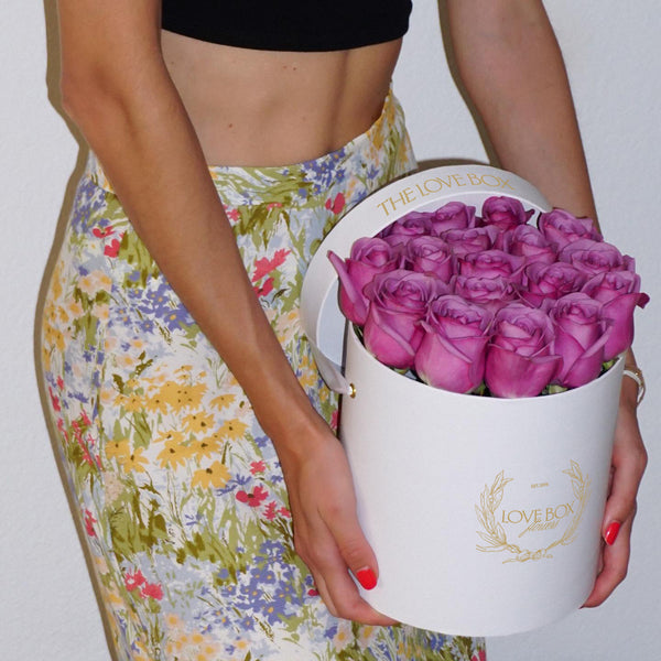 Violet Roses in Medium White Box