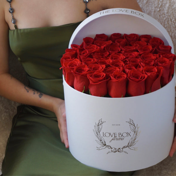 Classic Red Roses in Large White Box