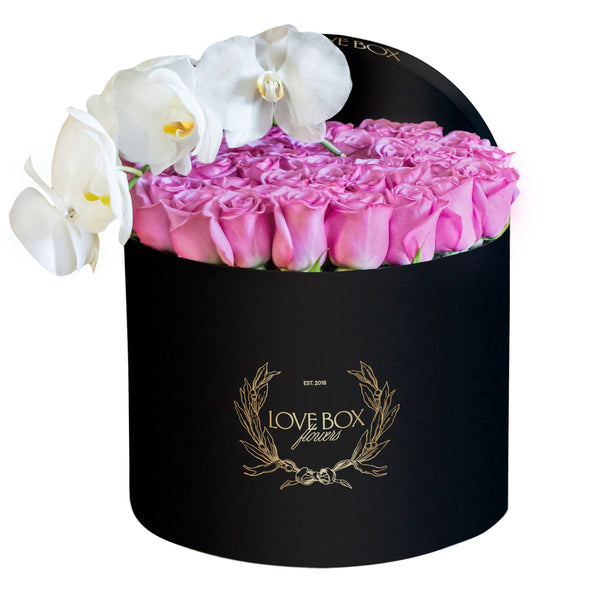 Violet Roses with Orchid Branch in Large Box