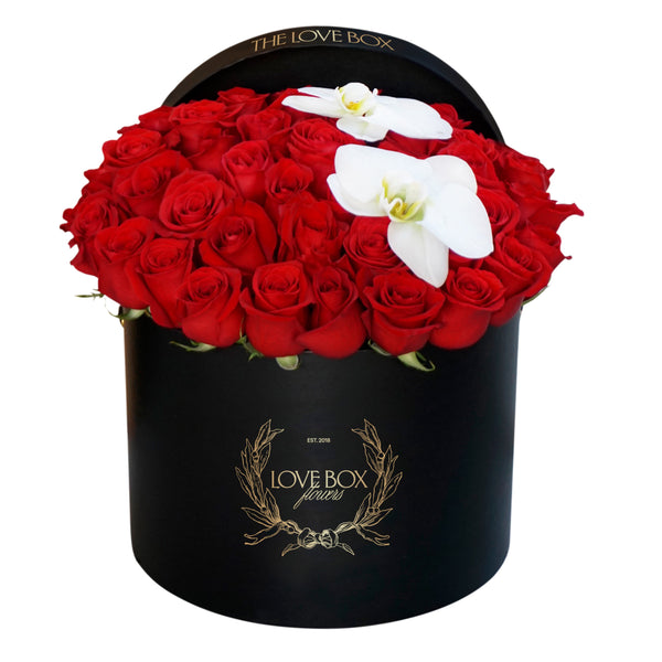 Red Roses & Orchid Flowers in Large Box