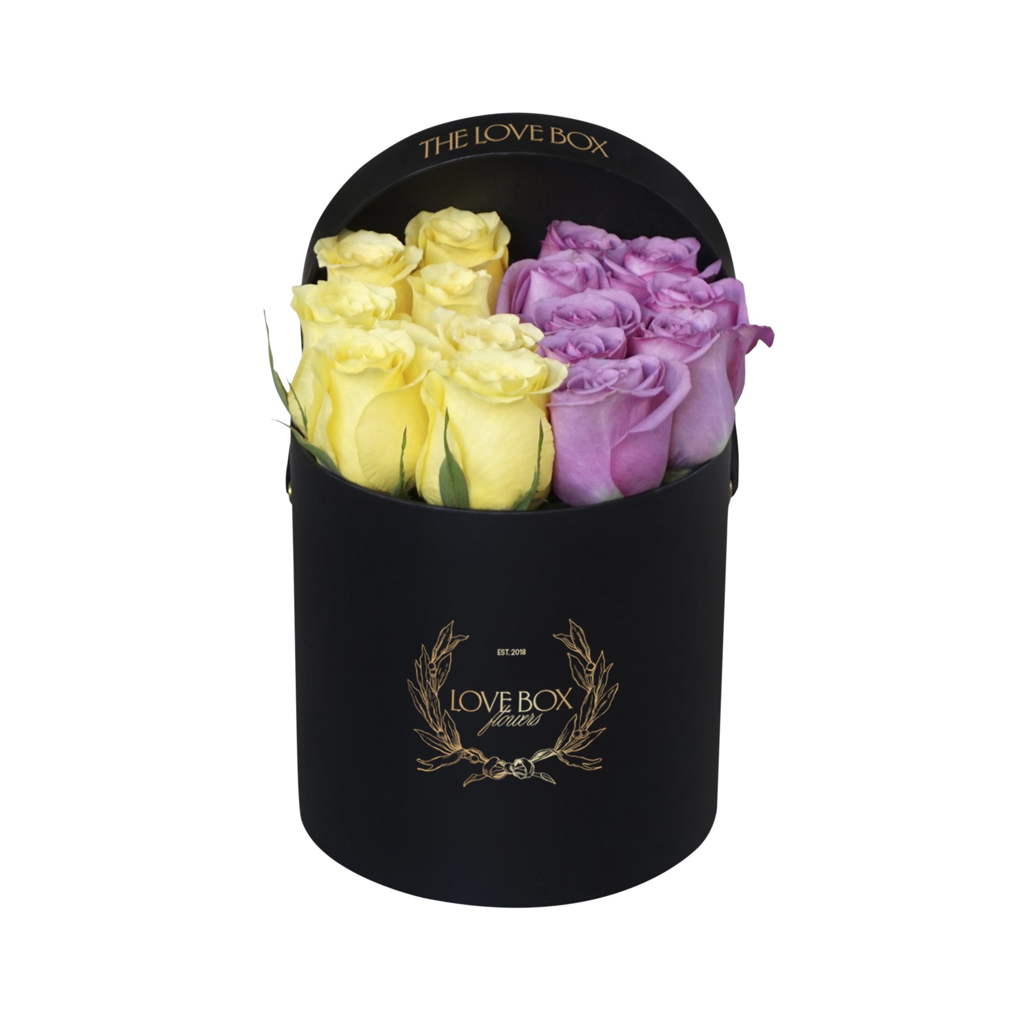Yellow and Violet Roses in Medium Box