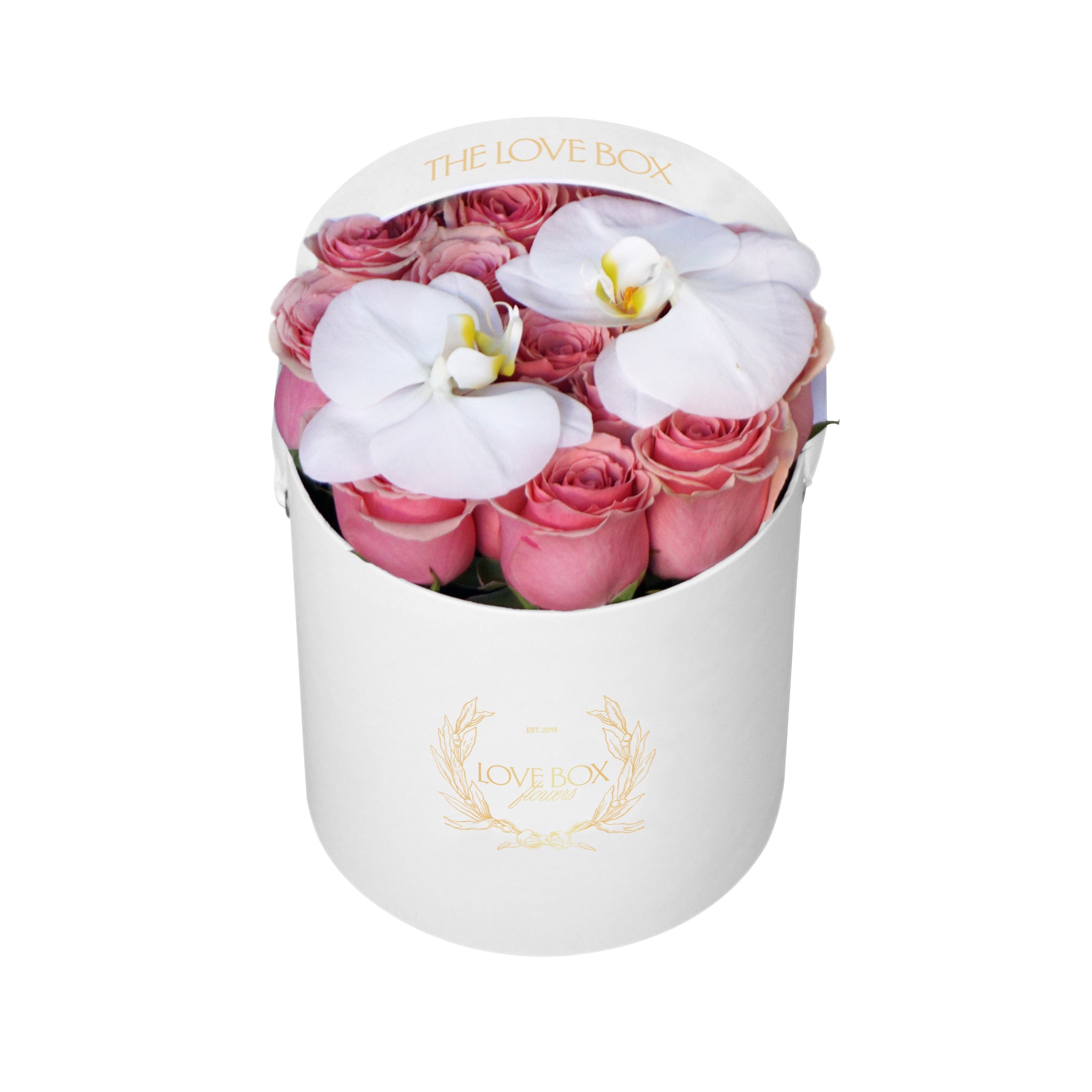 Pink Roses with Orchid Flowers in Medium Box