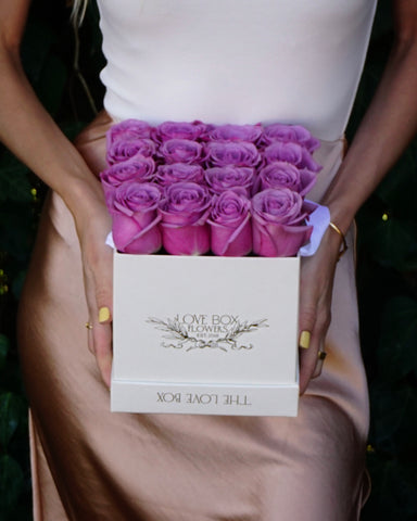 Violet Roses in Medium White Square Box