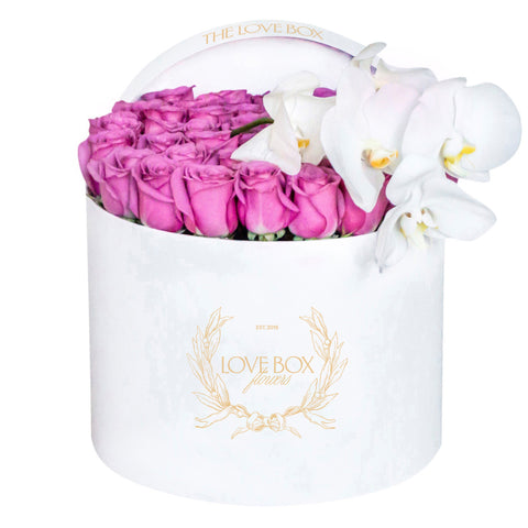 Violet Roses with Orchid Branch in Large Box