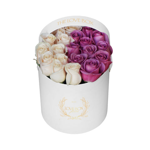 White & Violet Roses in Medium Box