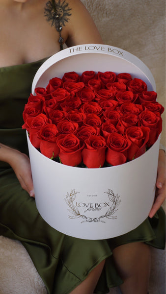 Classic Red Roses in Large White Box