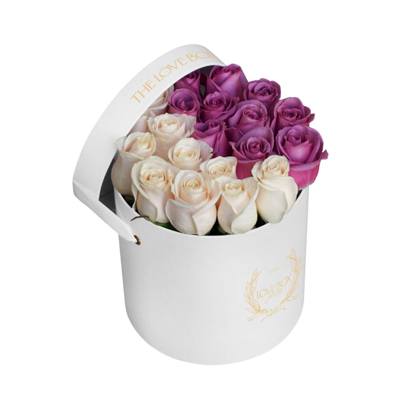 White & Violet Roses in Medium Box