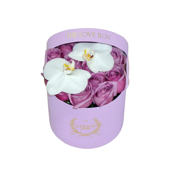 Violet Roses with Orchids in Medium Pink Suede Box