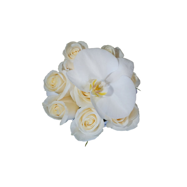 White Roses with Orchid Flower in Mini White Box
