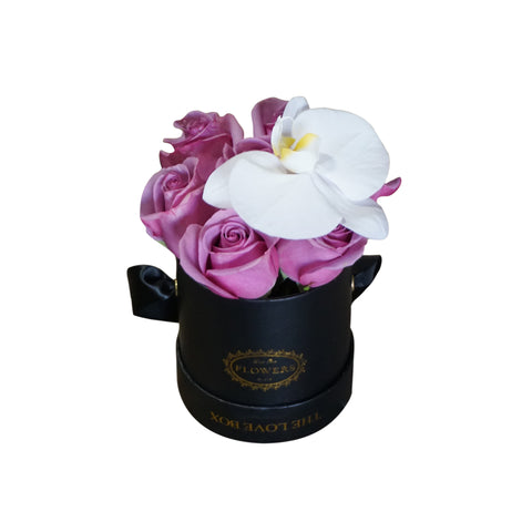 Violet Roses with Orchid Flower in Mini Black Box