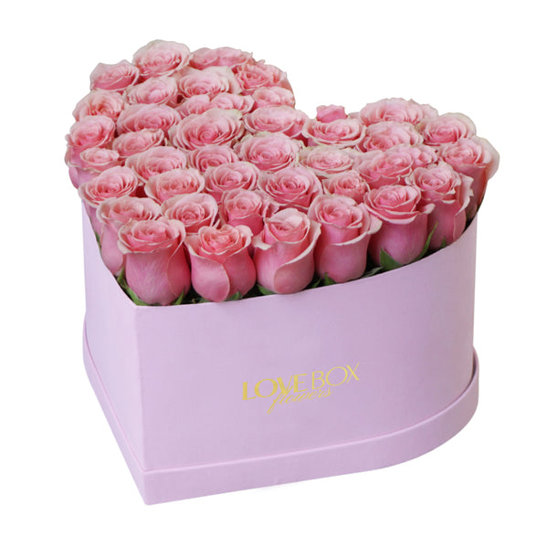 Baby Pink Roses in Large Pink Suede Heart Box