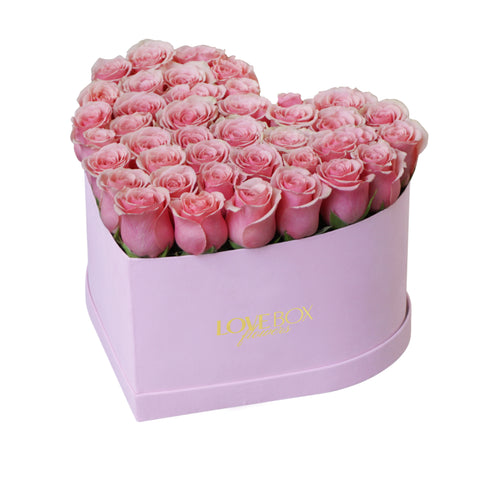 Baby Pink Roses in Large Pink Suede Heart Box