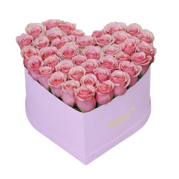 Baby Pink Roses in Large Pink Suede Heart Box