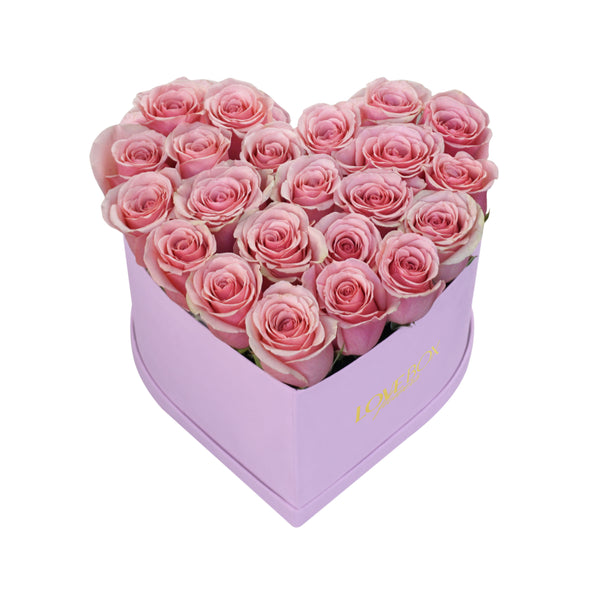 Baby Pink Roses in Medium Pink Suede Heart Box