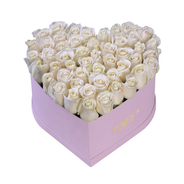 White Roses in Large Pink Suede Heart Box