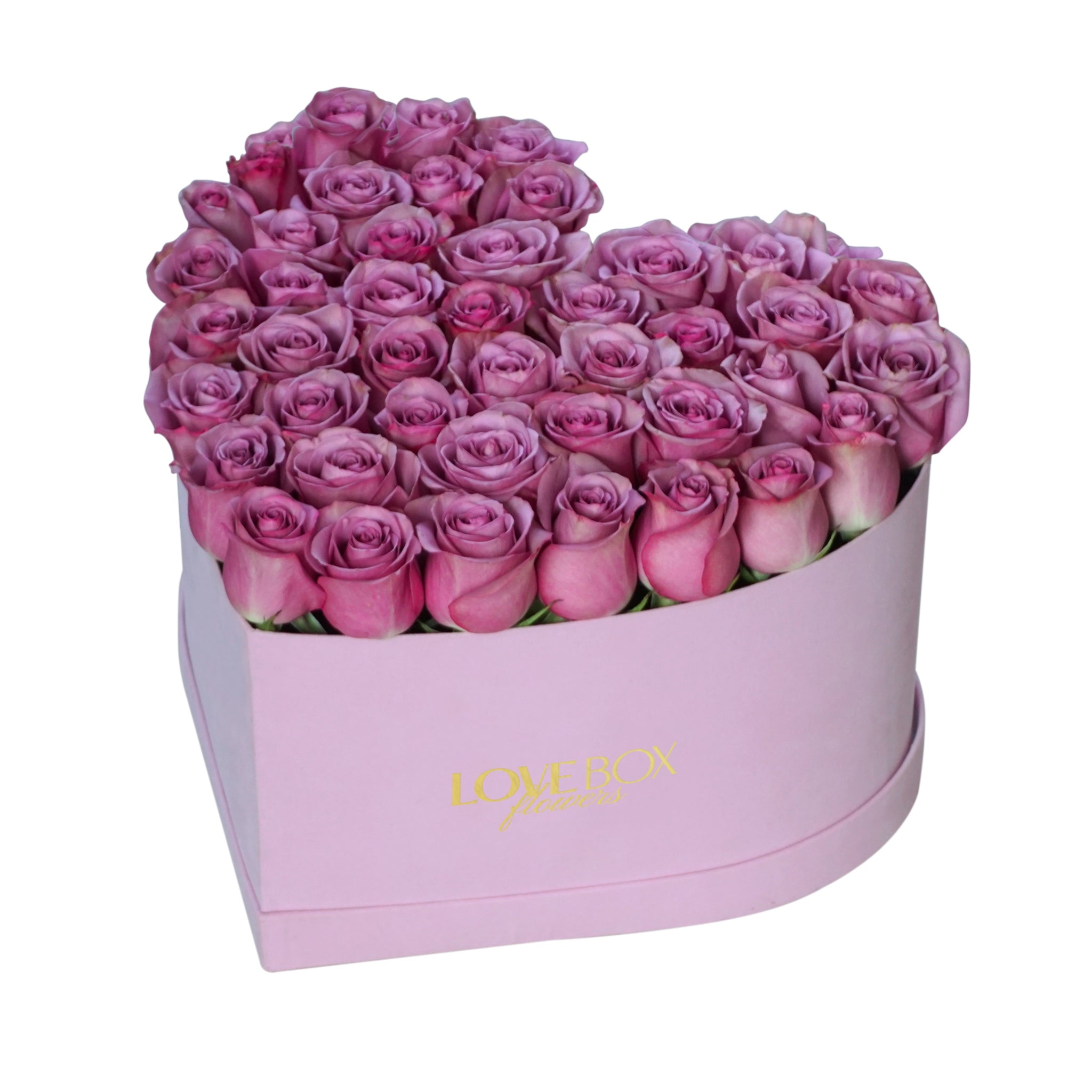 Violet Roses in Large Pink Suede Heart Box