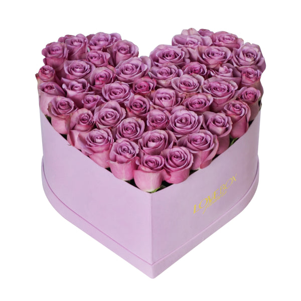Violet Roses in Large Pink Suede Heart Box