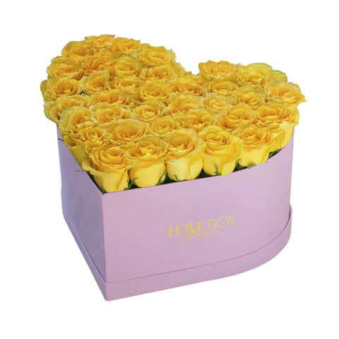Yellow Roses in Large Pink Suede Heart Box