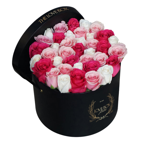 Pink, White and Hot Pink Roses in Large Box