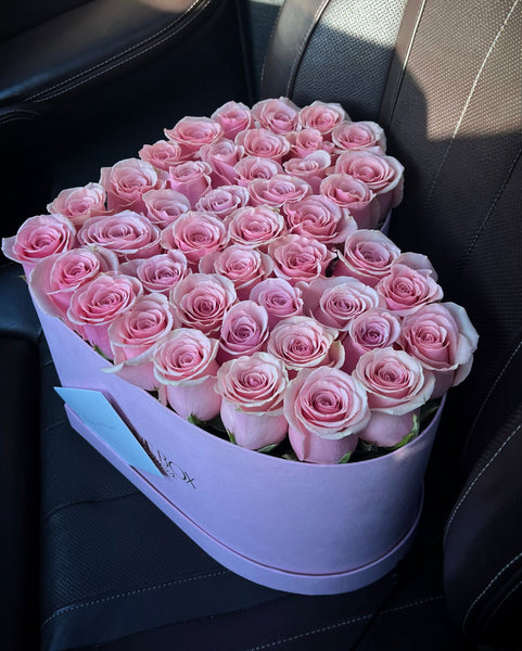 Baby Pink Roses in Large Pink Suede Heart Box