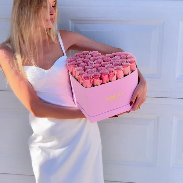 Baby Pink Roses in Large Pink Suede Heart Box